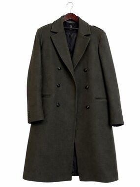 H&M Military Green Wool Blend Long Coat Large Double-Breasted Classic Overcoat